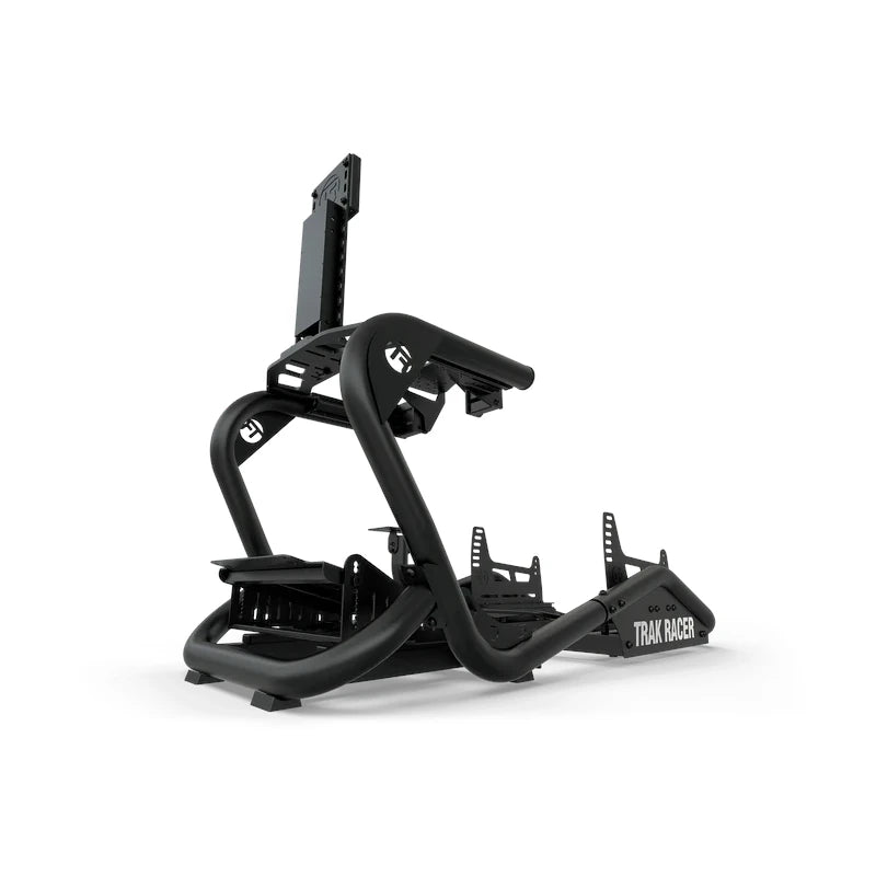 Trak Racer TR8 Pro V2 Racing Simulator, bare black frame three-quarter view with the single monitor mount raised