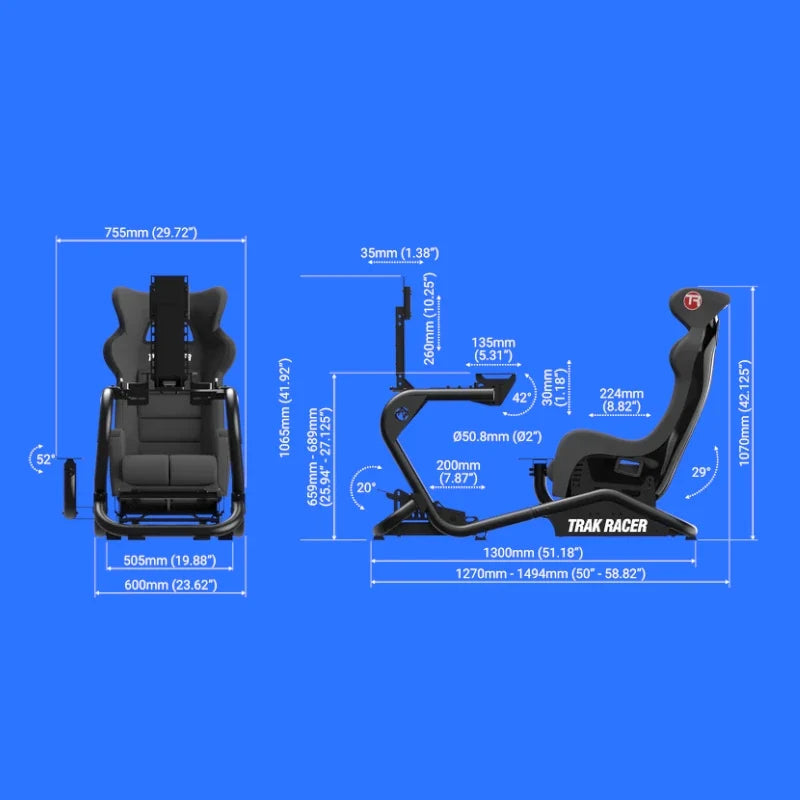 Trak Racer TR8 Pro V2 Racing Simulator, dimensions diagram in mm and inches showing front and side views