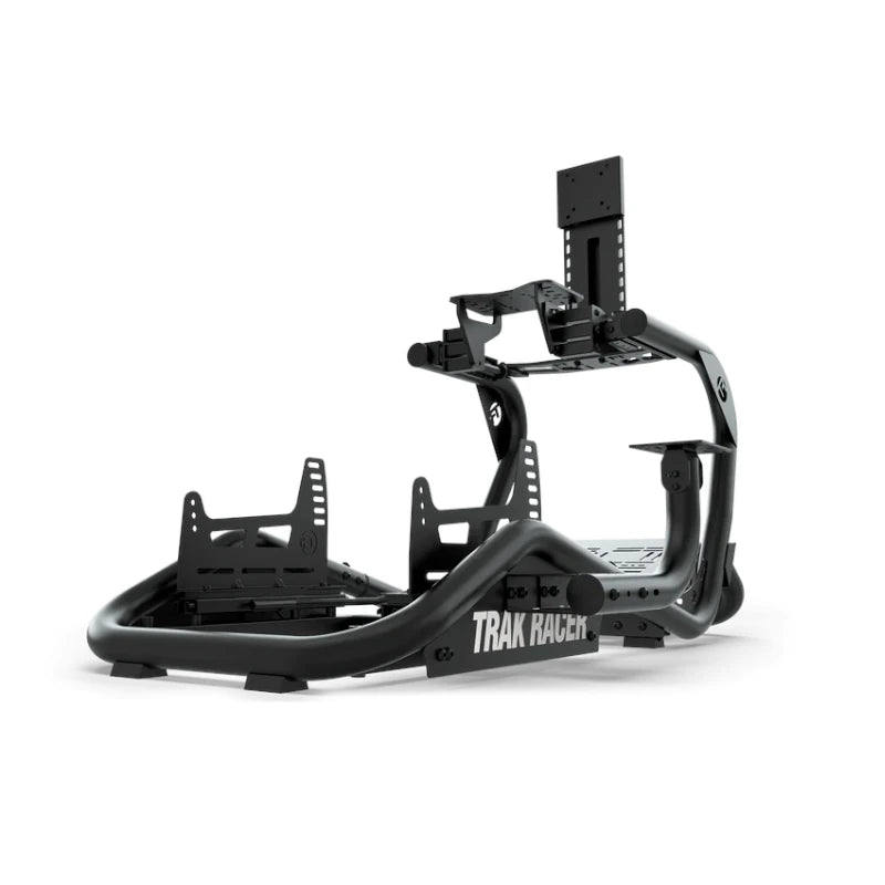 Trak Racer TR8 Pro V2 Racing Simulator, bare black frame front three-quarter view with single VESA monitor mount