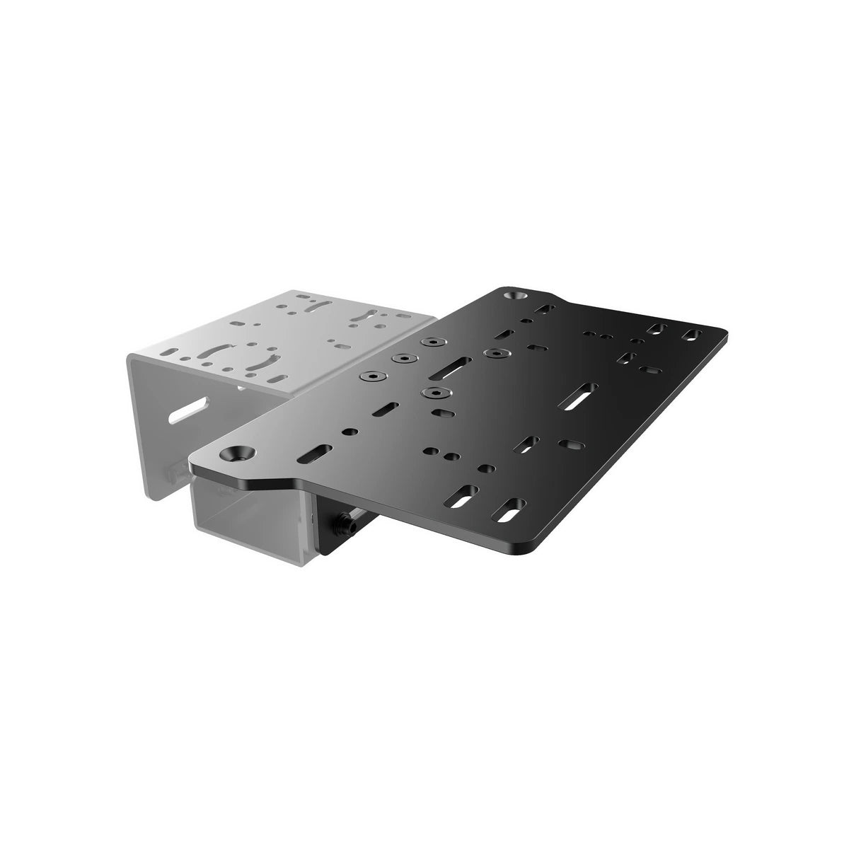 Trak Racer TR-One oversized shifter mount, three-quarter view — large pre-drilled black aluminium plate with mounting slots