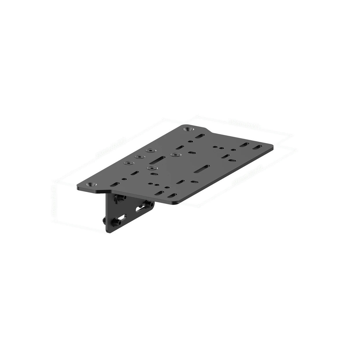 Trak Racer TR-One oversized shifter mount, three-quarter view with dimension callouts on its slide bracket