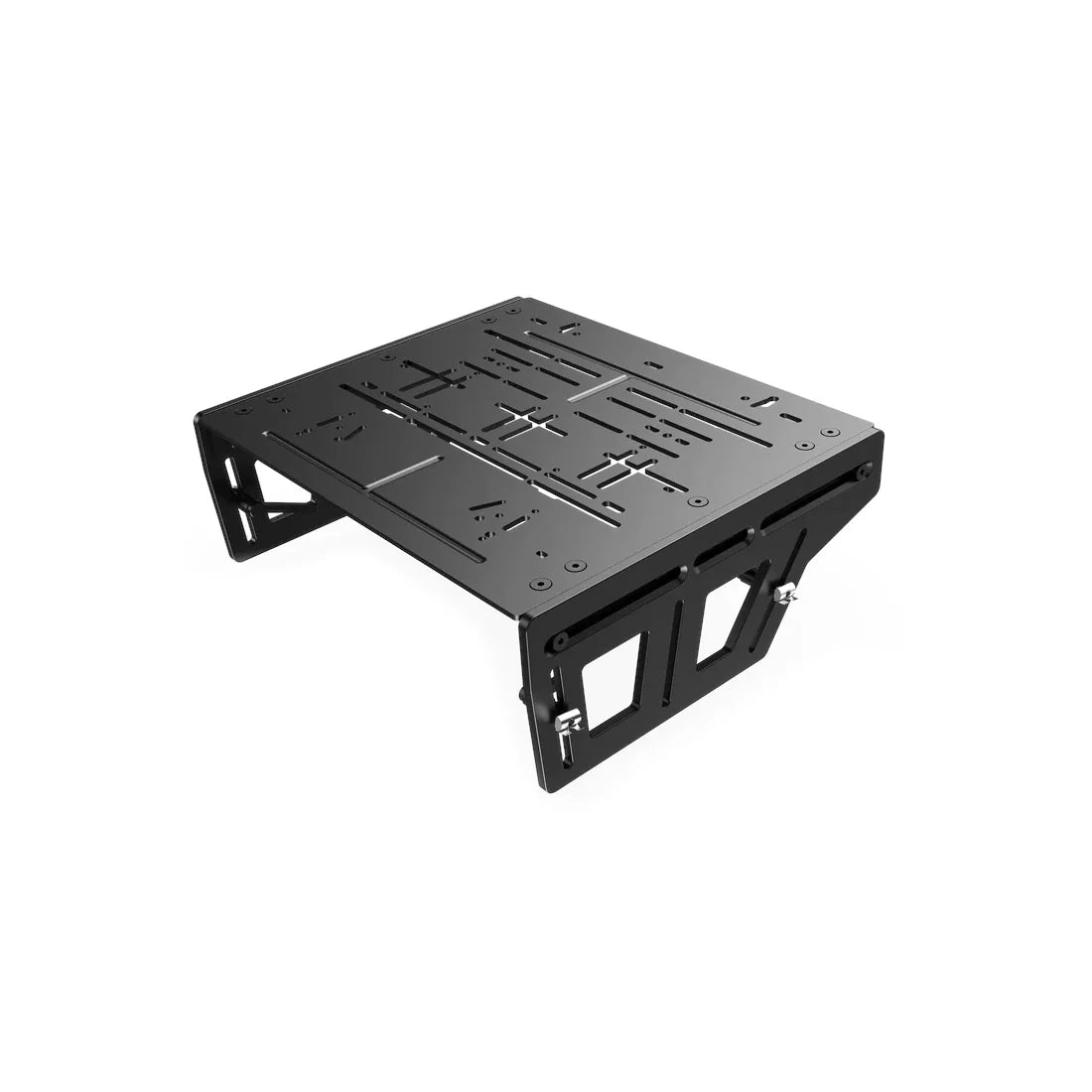 Trak Racer Universal TR-One Pedal Mounting System, lower-angle view showing the V-shaped clamp legs with thumb screws