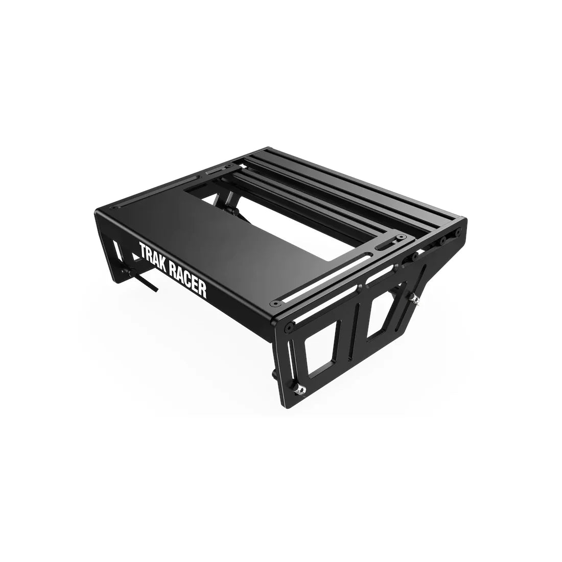 Trak Racer Universal TR-One Pedal Mounting System with heel rest, front three-quarter view of the black assembly