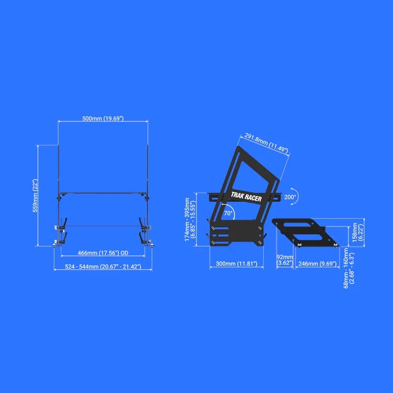Trak Racer inverted/formula/GT hybrid pedal bracket system, dimension diagram — width, height and adjustment range