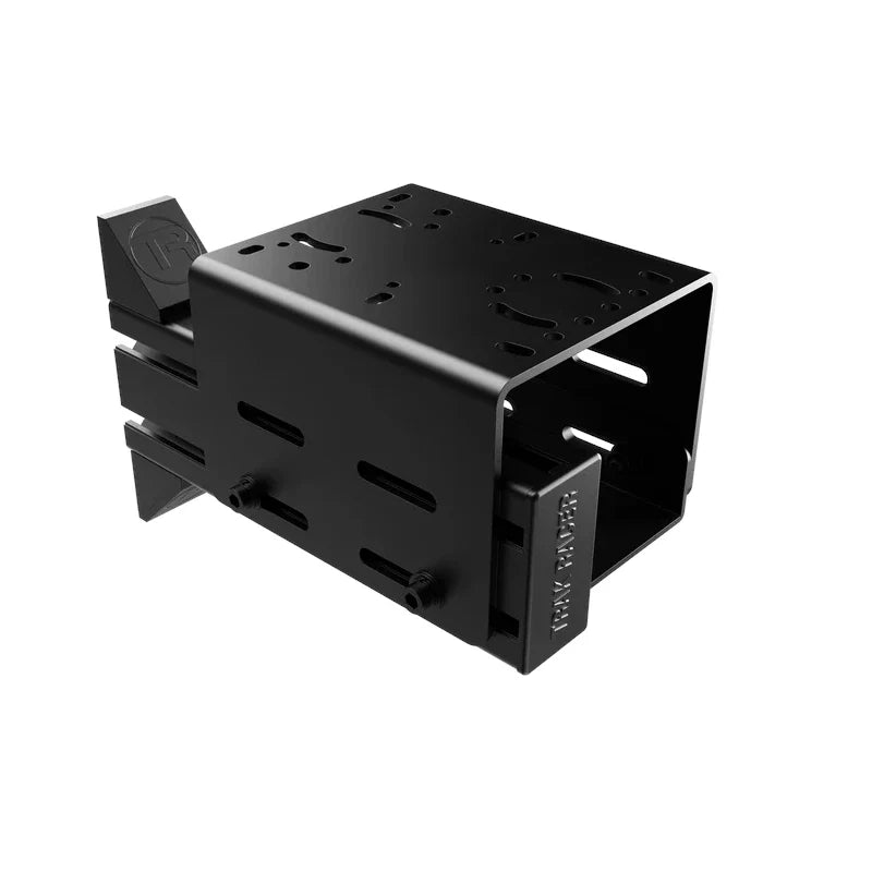 Trak Racer Universal Short Drifting Shifter Mount, black steel shroud with hole array and 240mm profile clamp brackets, front three-quarter view