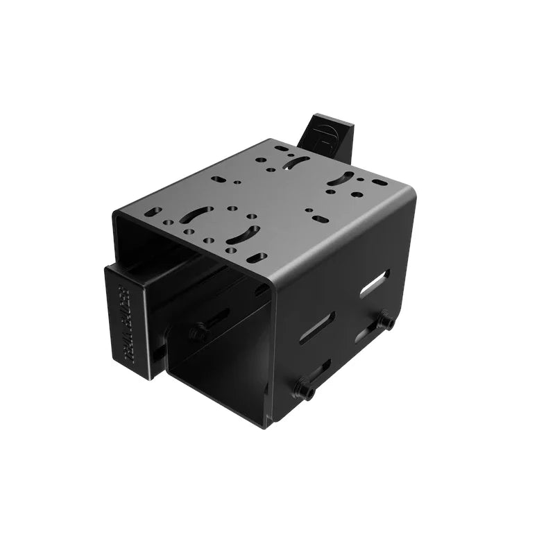 Trak Racer Universal Short Drifting Shifter Mount, rear three-quarter view showing the profile clamp and mounting bolts