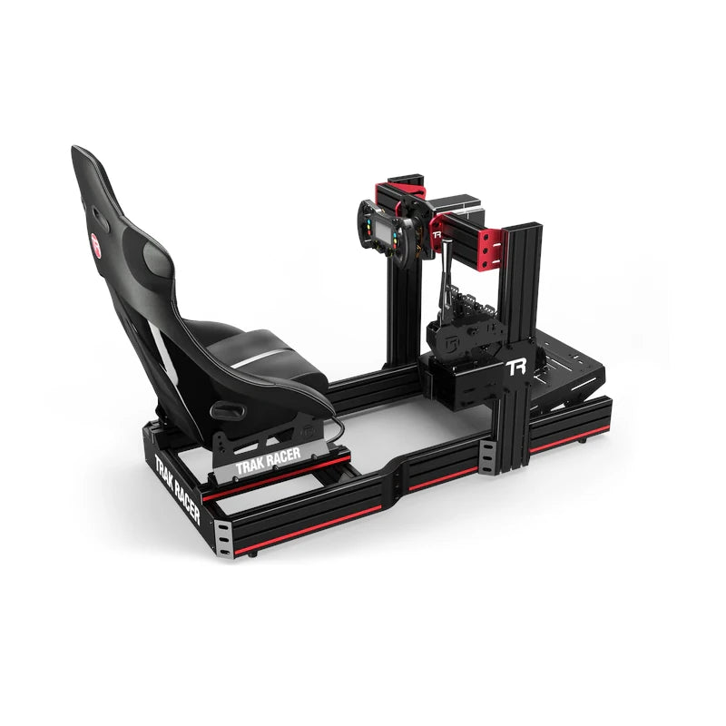 Trak Racer Universal Short Drifting Shifter Mount installed on a full black and red Trak Racer cockpit shown with seat, wheel and pedals