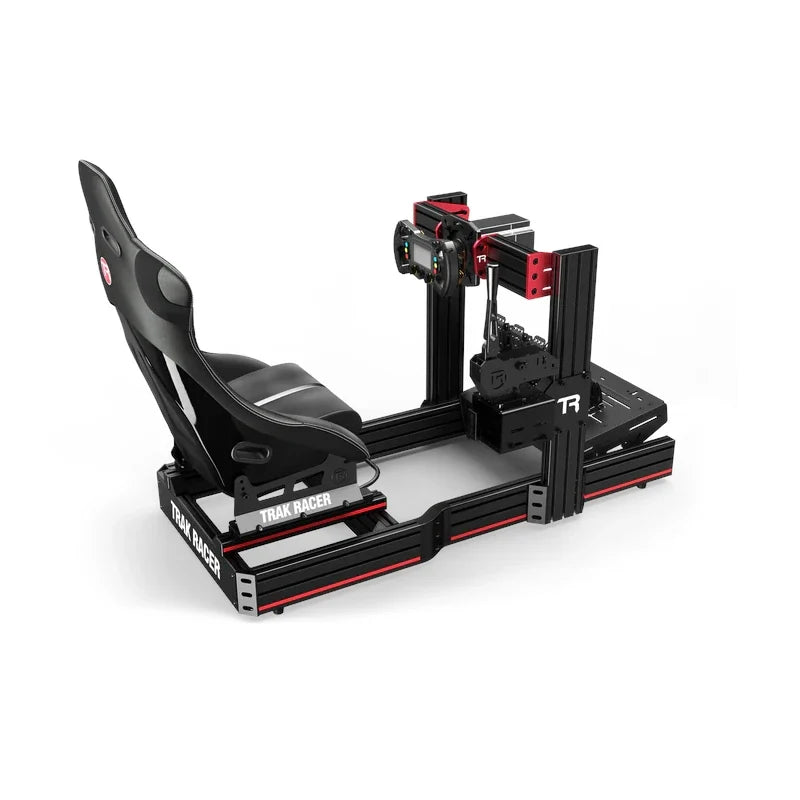Trak Racer Universal Short Drifting Shifter Mount installed on a full black and red Trak Racer cockpit shown with seat, wheel and pedals