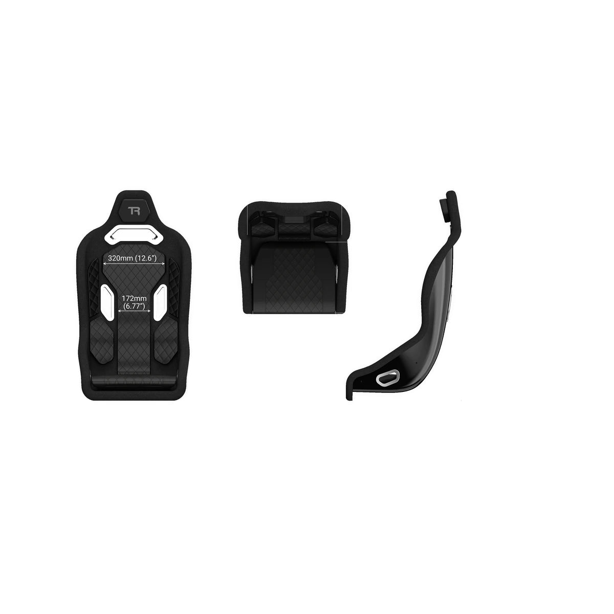 Trak Racer TRX Hybrid fibreglass seat, front, top and side dimension diagrams