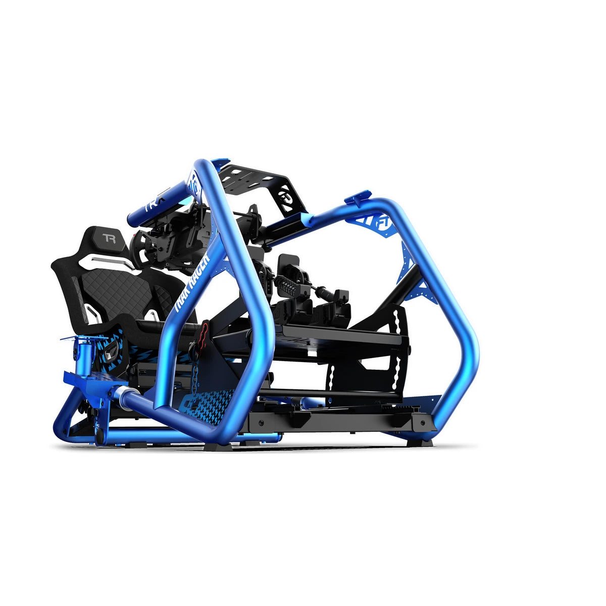 Trak Racer TRX Hybrid fibreglass seat mounted in a blue Trak Racer TRX cockpit with wheel and shifter