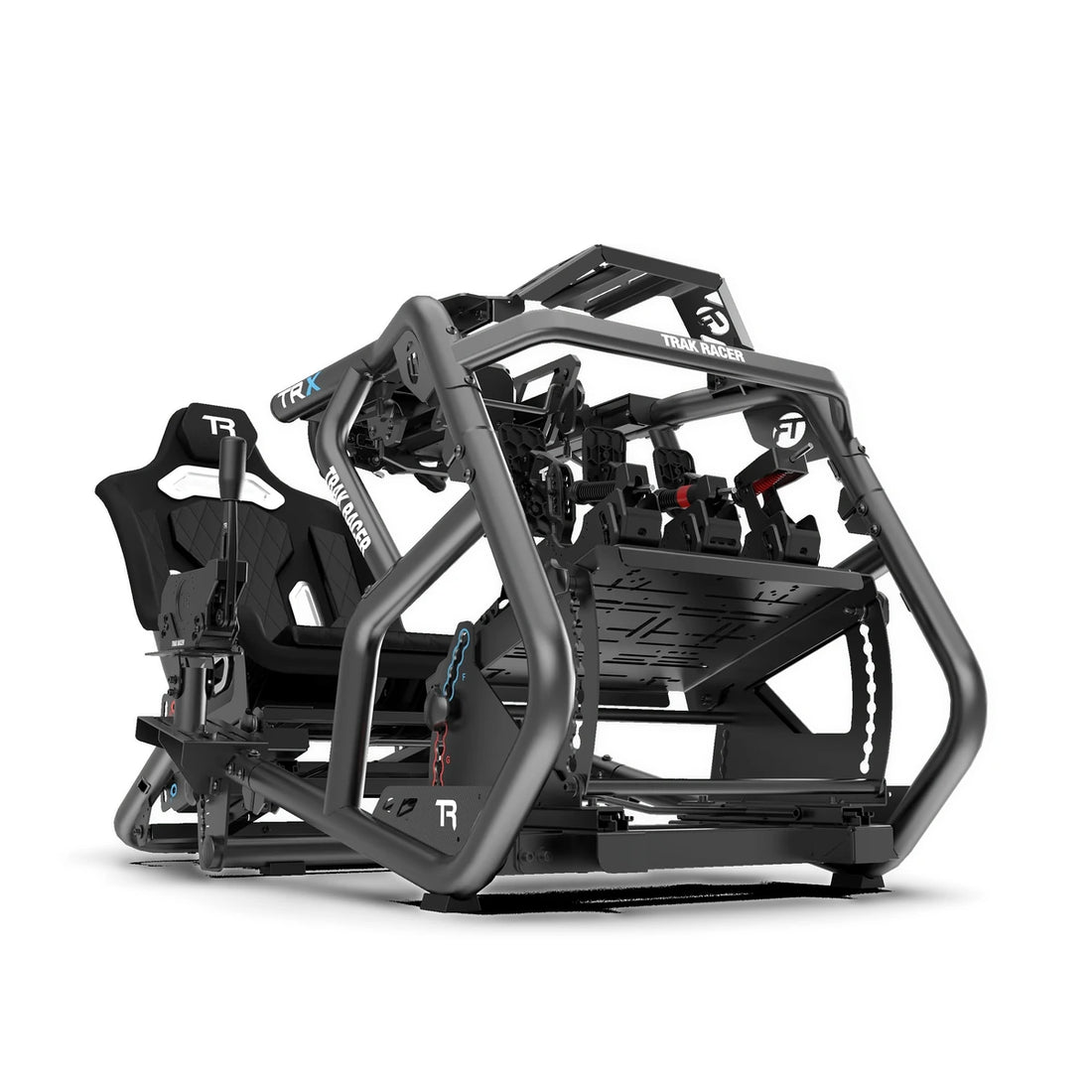 Trak Racer TRX V2 sim racing cockpit, front three-quarter view — quick-release seat, three-pedal plate and open wheel deck
