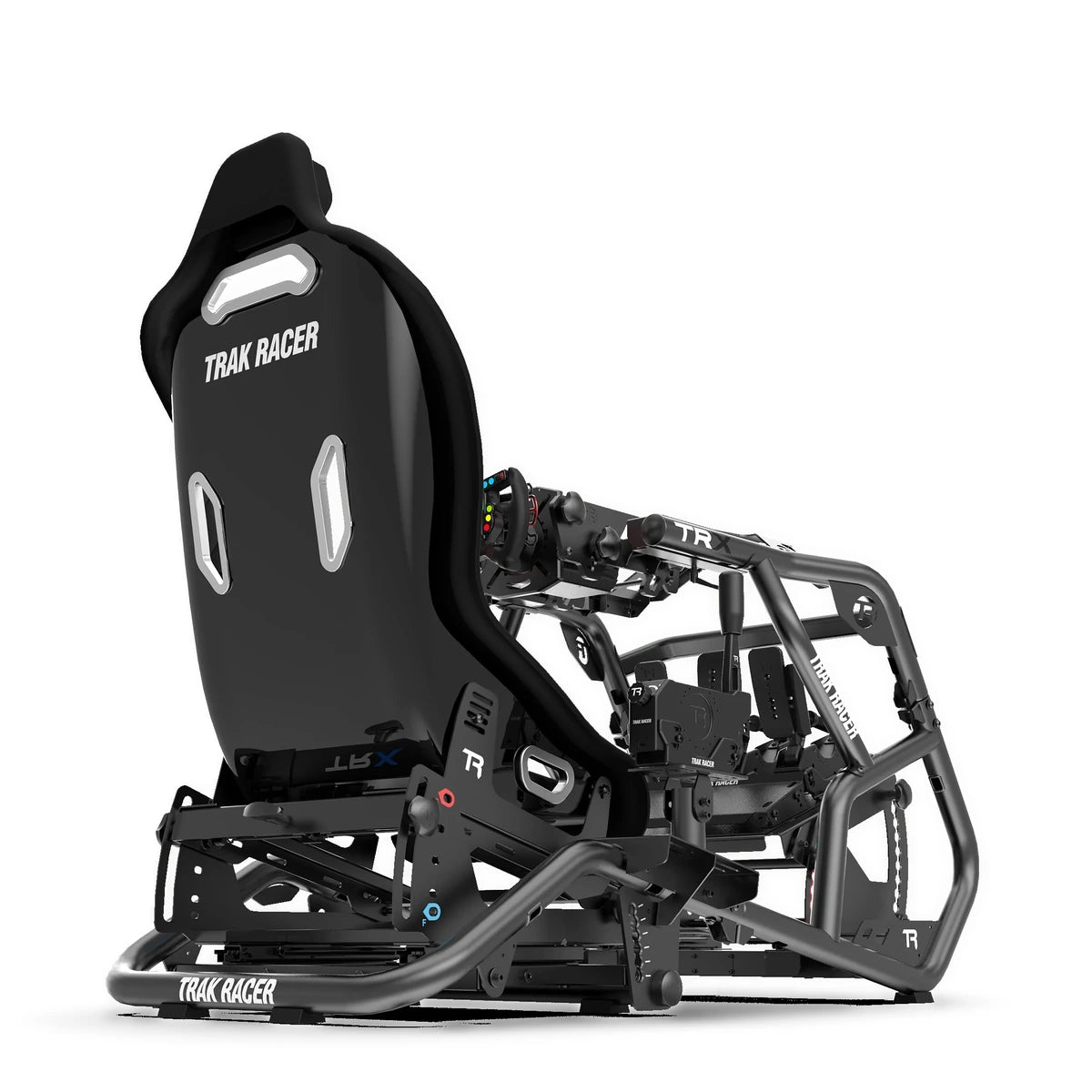 Trak Racer TRX V2 sim racing cockpit, side three-quarter view — seat, pedal plate and roll-cage frame