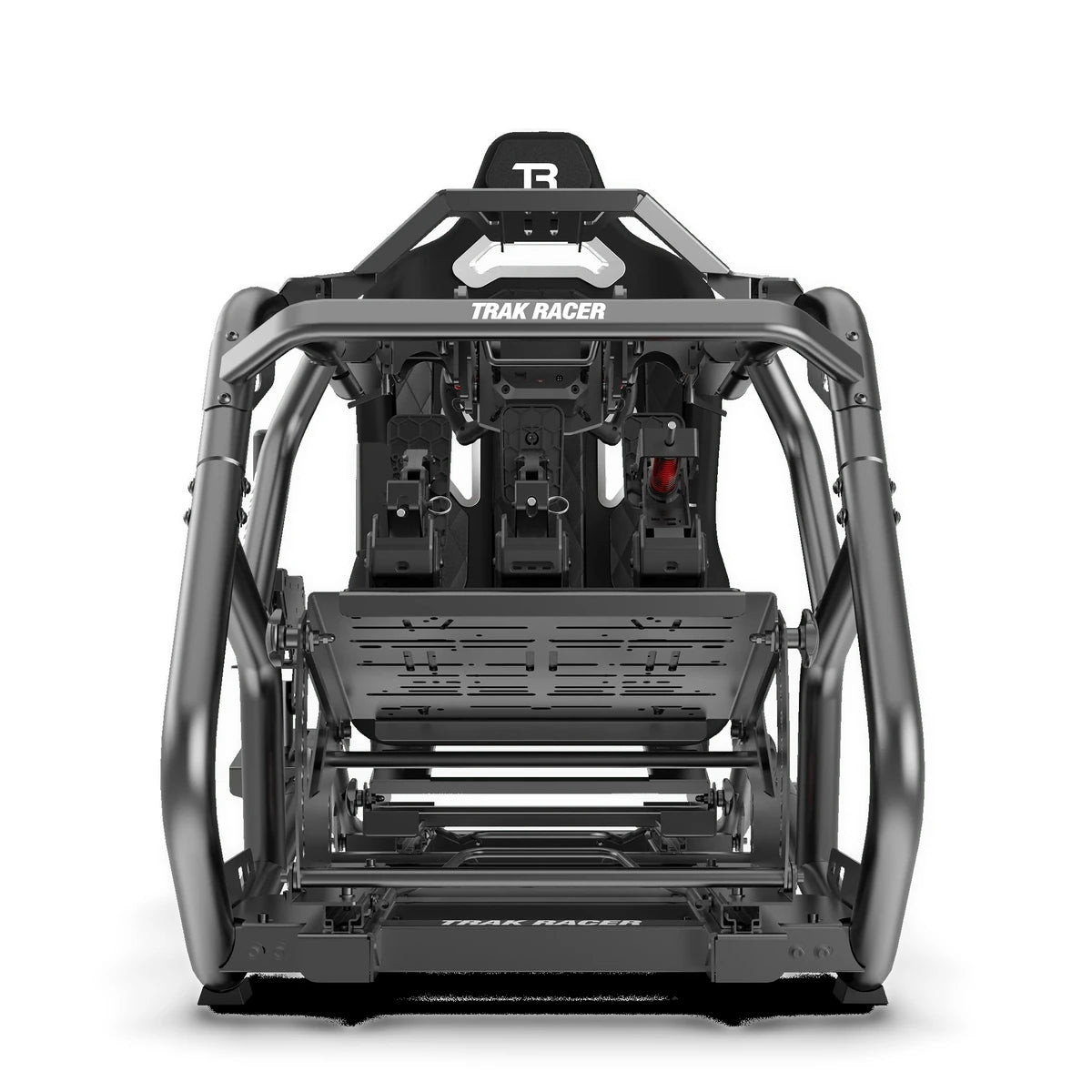 Trak Racer TRX V2 sim racing cockpit, front view — seat headrest, pedal tray and TR-branded handbrake