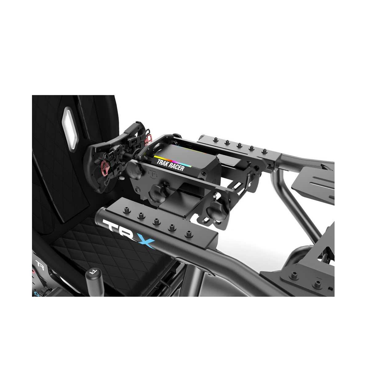 Trak Racer TRX V2 wheel deck, close-up — tool-free quick-release mount with RGB shift-light strip