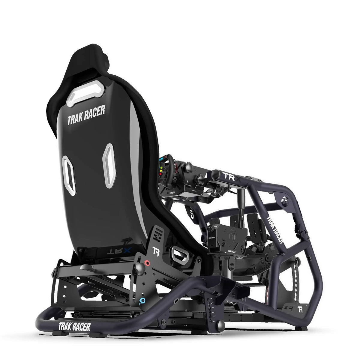 Trak Racer TRX V2 racing simulator, Bull Blue, close side-front view of seat and wheel deck, wheel sold separately