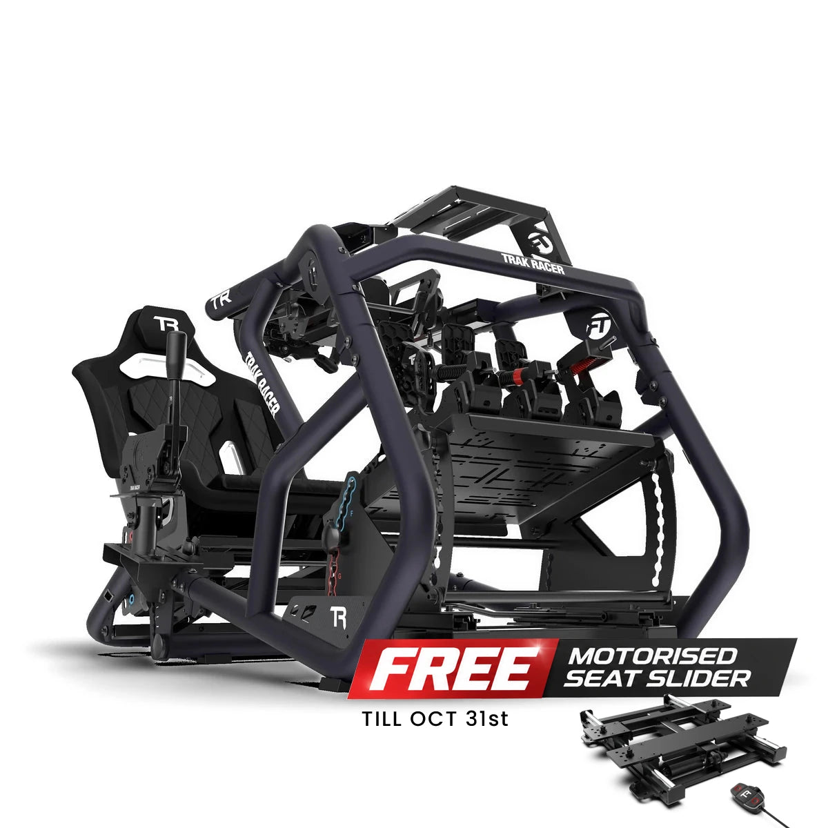 Trak Racer Alpine Racing TRX V2 cockpit, Bull Blue, front three-quarter view with free motorised seat slider offer, ends 31 October