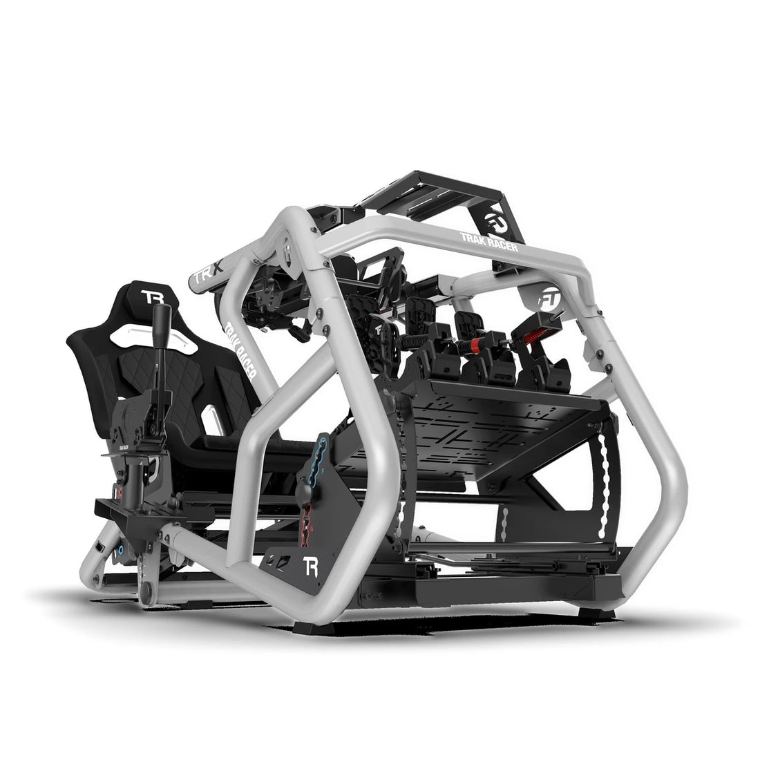 Trak Racer Alpine Racing TRX V2 simulator, Silver Arrow finish, front three-quarter with seat, pedals and shifter