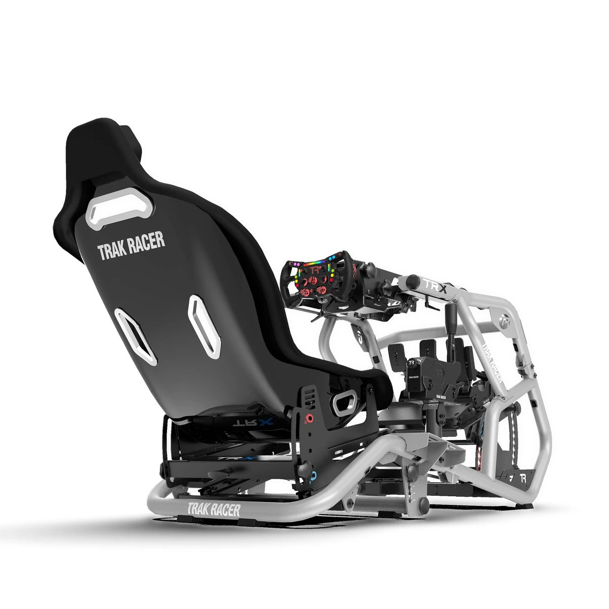 Trak Racer Alpine Racing TRX V2 simulator, Silver Arrow finish, rear three-quarter with racing wheel fitted