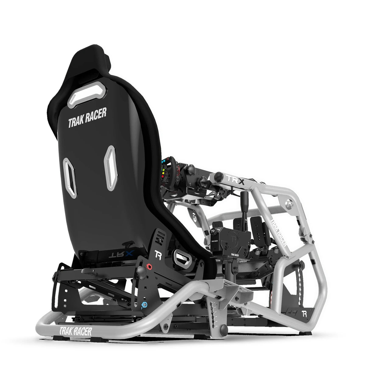 Trak Racer Alpine Racing TRX V2 simulator, Silver Arrow finish, close rear angle with wheel and shifter fitted