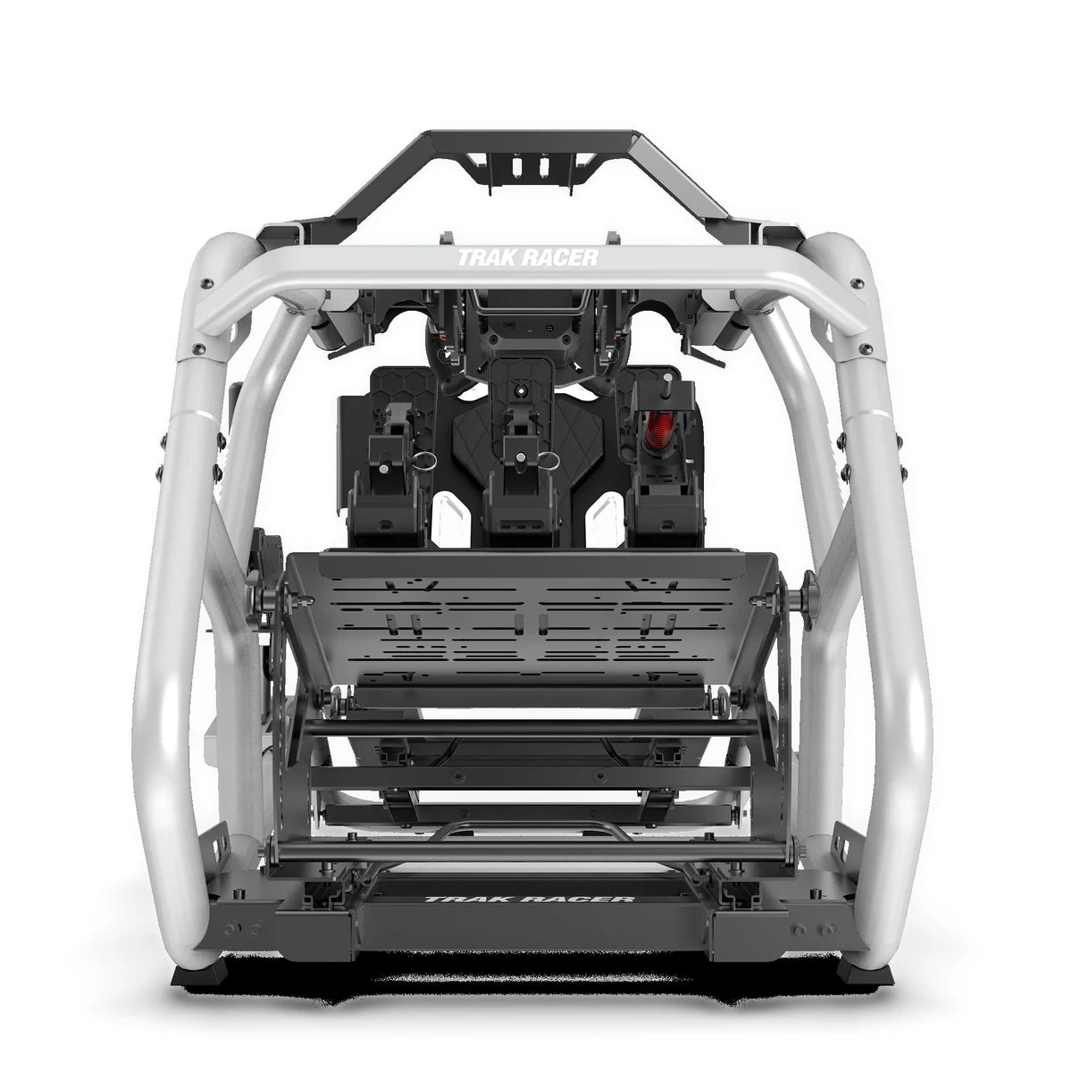 Trak Racer Alpine Racing TRX V2 simulator, Silver Arrow finish, straight rear view showing tubular roll cage