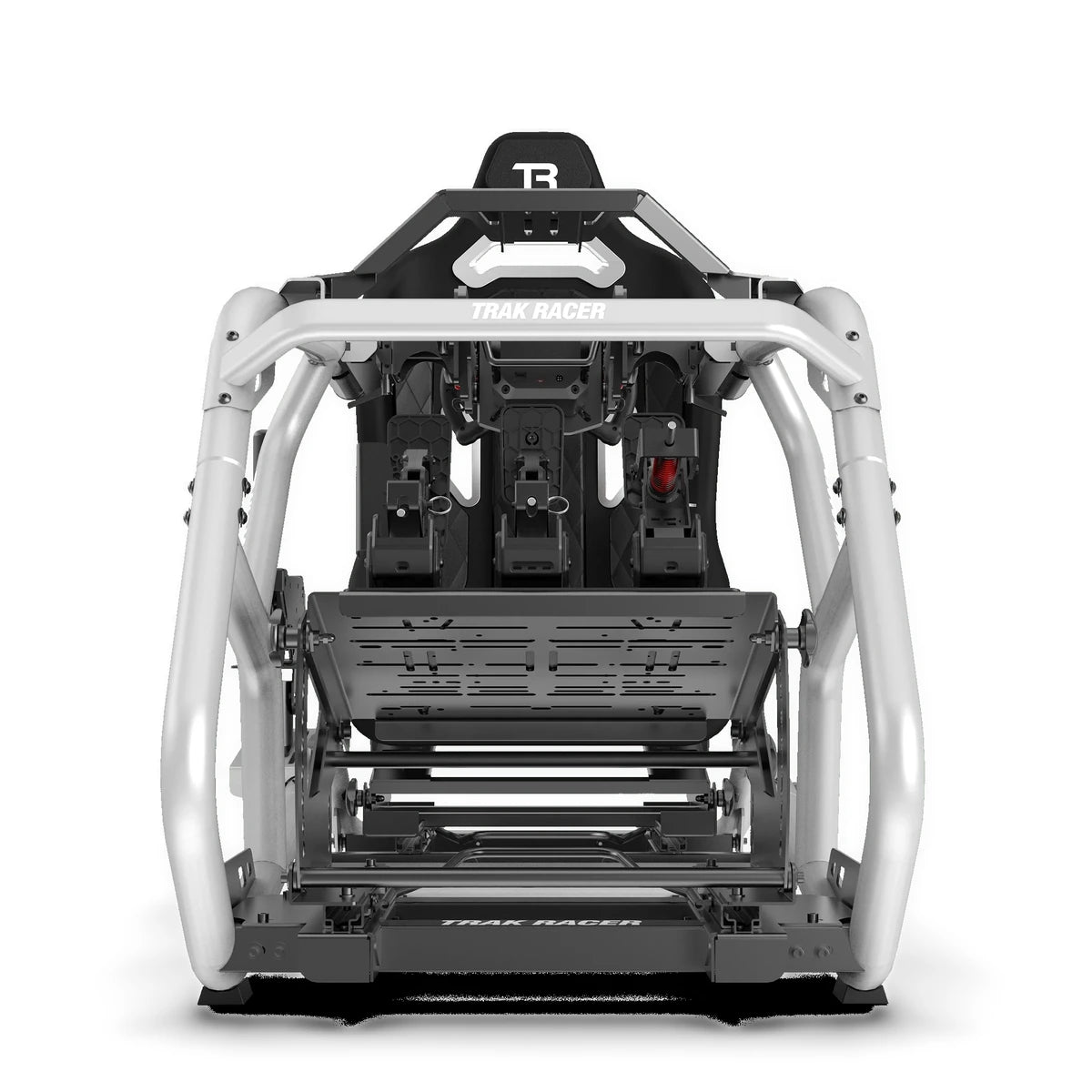 Trak Racer Alpine Racing TRX V2 simulator, Silver Arrow finish, straight rear view with seat and headrest visible