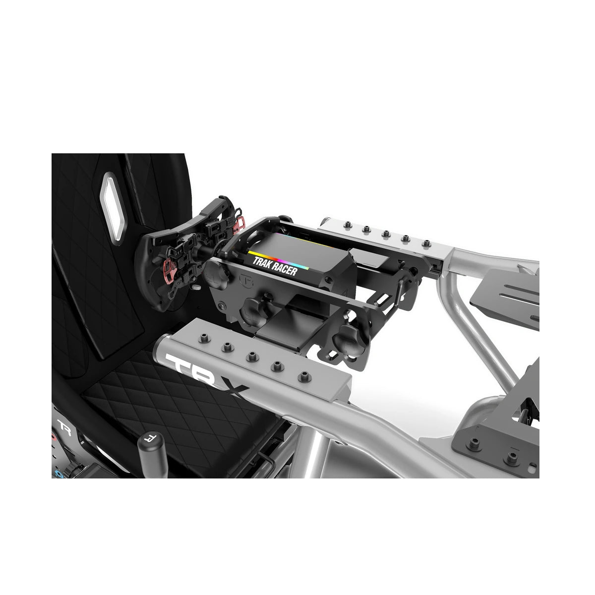 Trak Racer Alpine Racing TRX V2 simulator, close-up of wheel-mount plate and TRX branded mounting bracket