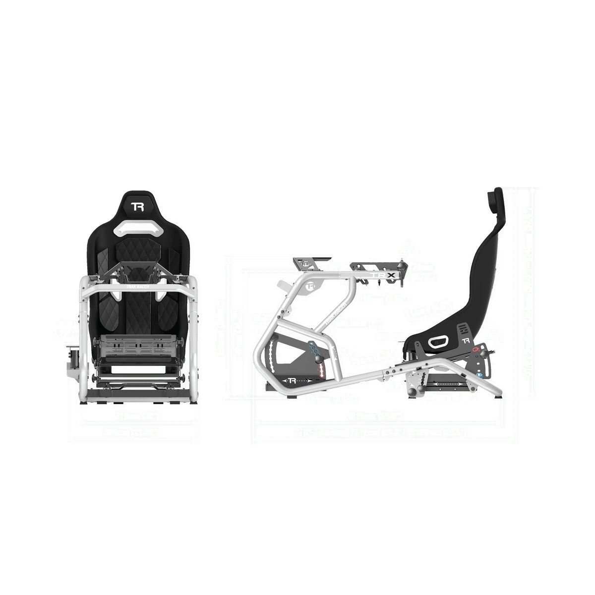 Trak Racer Alpine Racing TRX V2 simulator dimensions diagram — front and side profile with seat