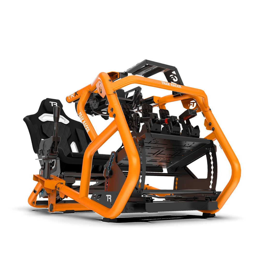 Trak Racer Alpine Racing TRX V2 sim cockpit, sunset orange, front three-quarter view with seat, wheel and pedal deck