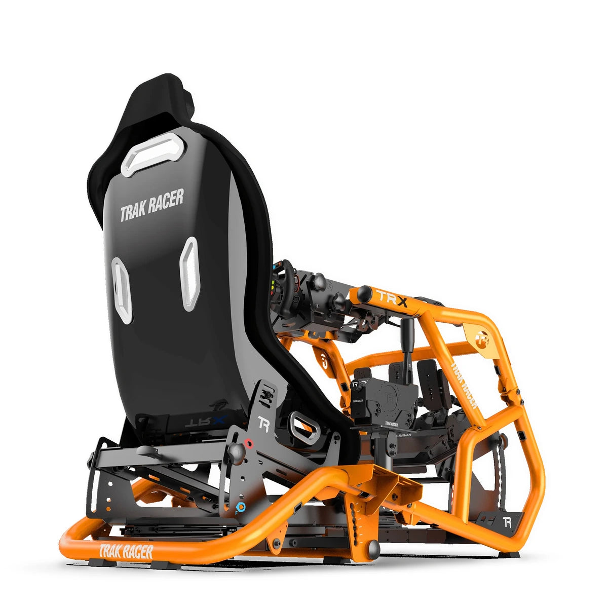 Trak Racer Alpine Racing TRX V2 sim cockpit, sunset orange, rear three-quarter view showing seat and frame
