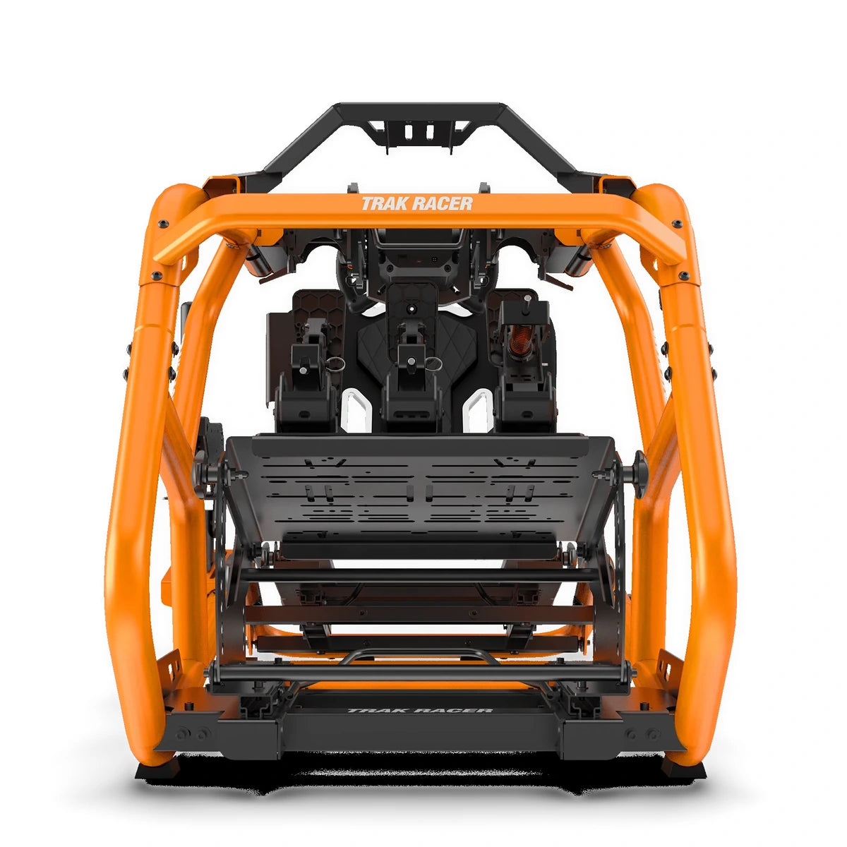 Trak Racer Alpine Racing TRX V2 sim cockpit, sunset orange, straight rear view of frame, pedal tray and wheel mount