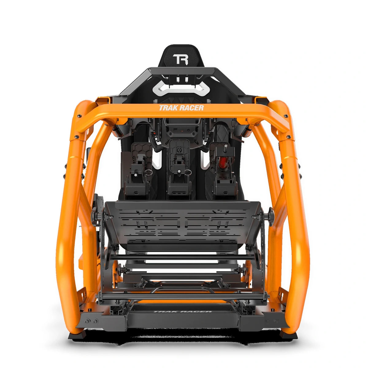 Trak Racer Alpine Racing TRX V2 sim cockpit, sunset orange, straight rear view with seat and headrest visible