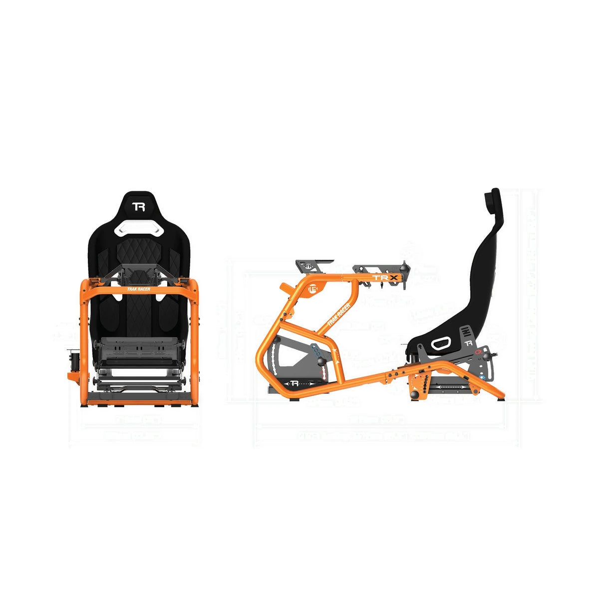 Trak Racer Alpine Racing TRX V2 sim cockpit, front and side profile dimension diagram