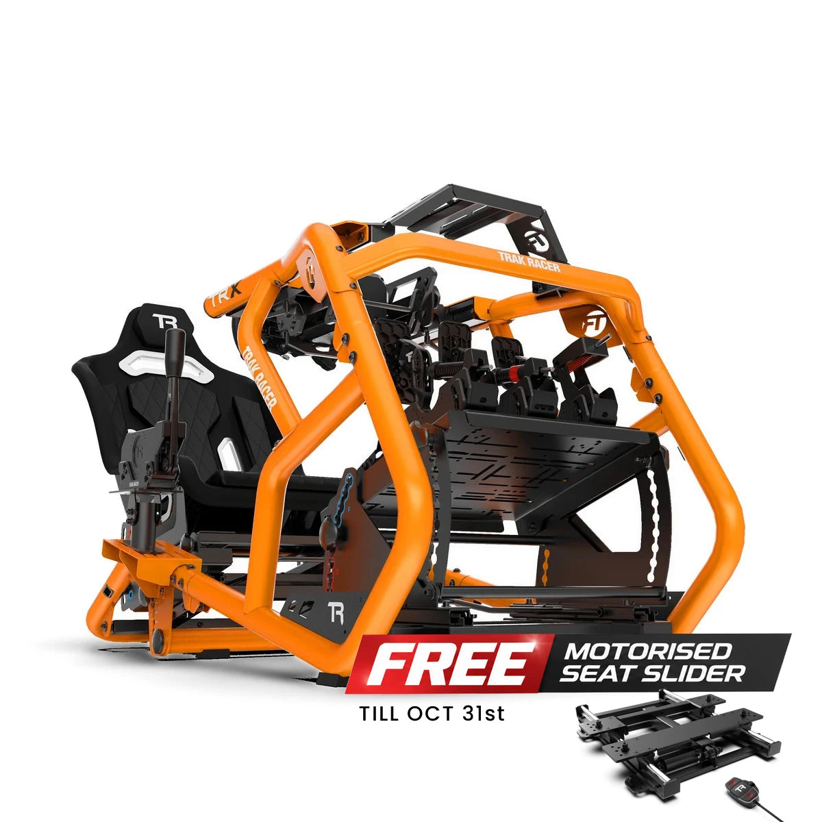 Trak Racer Alpine Racing TRX V2 cockpit, Sunset Orange, front three-quarter view with free motorised seat slider offer, ends 31 October
