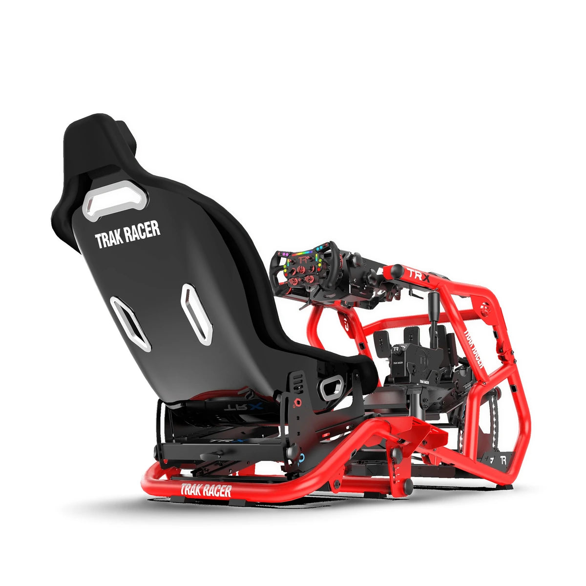 Trak Racer Alpine Racing TRX V2 cockpit, Tifosi red, front-angle close view — wheel, three-pedal set and shifter