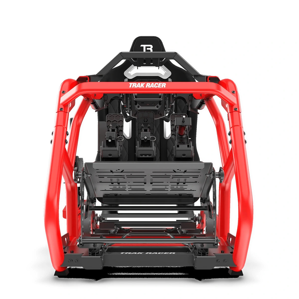 Trak Racer Alpine Racing TRX V2 cockpit, Tifosi red, rear view — seat headrest bar and pedal plate visible