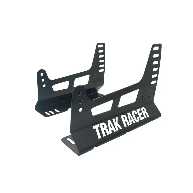 Trak Racer GT/Formula Seat Brackets, pair of black side-mount brackets, three-quarter view with Trak Racer branding
