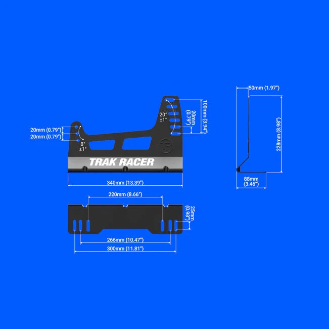 Trak Racer GT/Formula Seat Bracket dimensions diagram in mm and inches with seat-angle adjustment markings