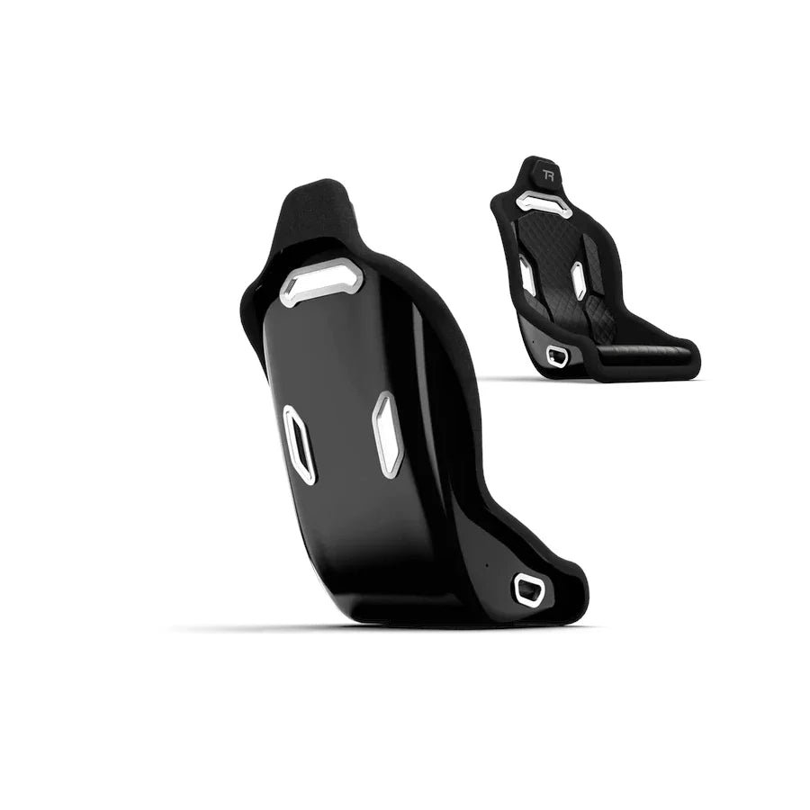 Trak Racer TRX Hybrid fibreglass racing seat, black, two angled views showing shell and upholstered front