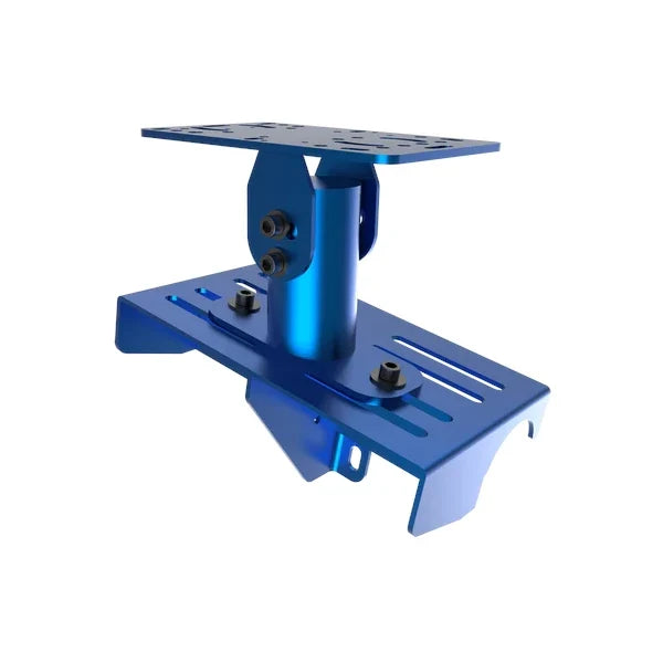 Universal Gear Shifter Mount for Alpine Racing TRX in blue, tilting top plate on a pivot column, front three-quarter view