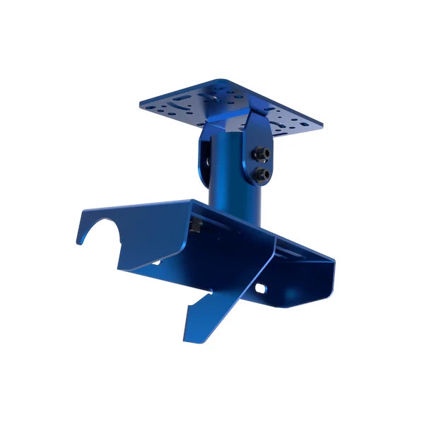 Universal Gear Shifter Mount for Alpine Racing TRX in blue, rear three-quarter showing the pivot column and clamp brackets