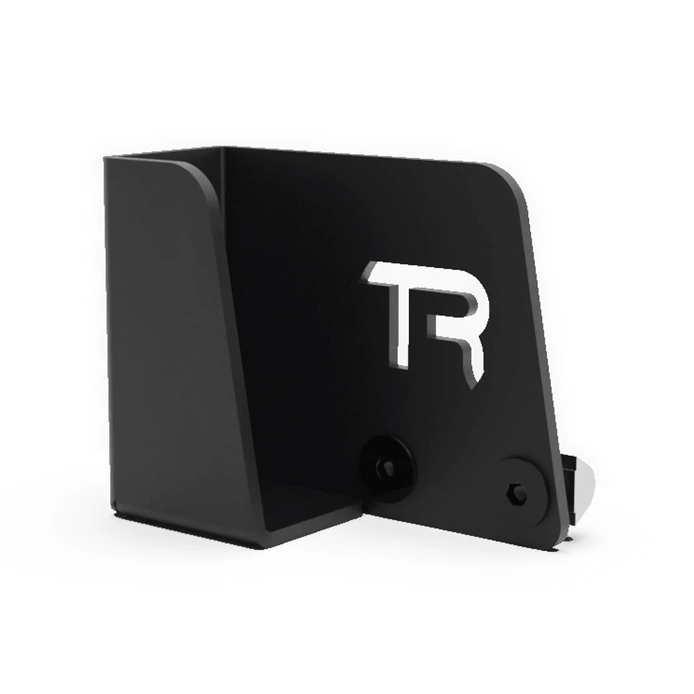 Trak Racer Universal Keyboard Holder, front three-quarter view — steel bracket with TR logo and profile fixing bolts
