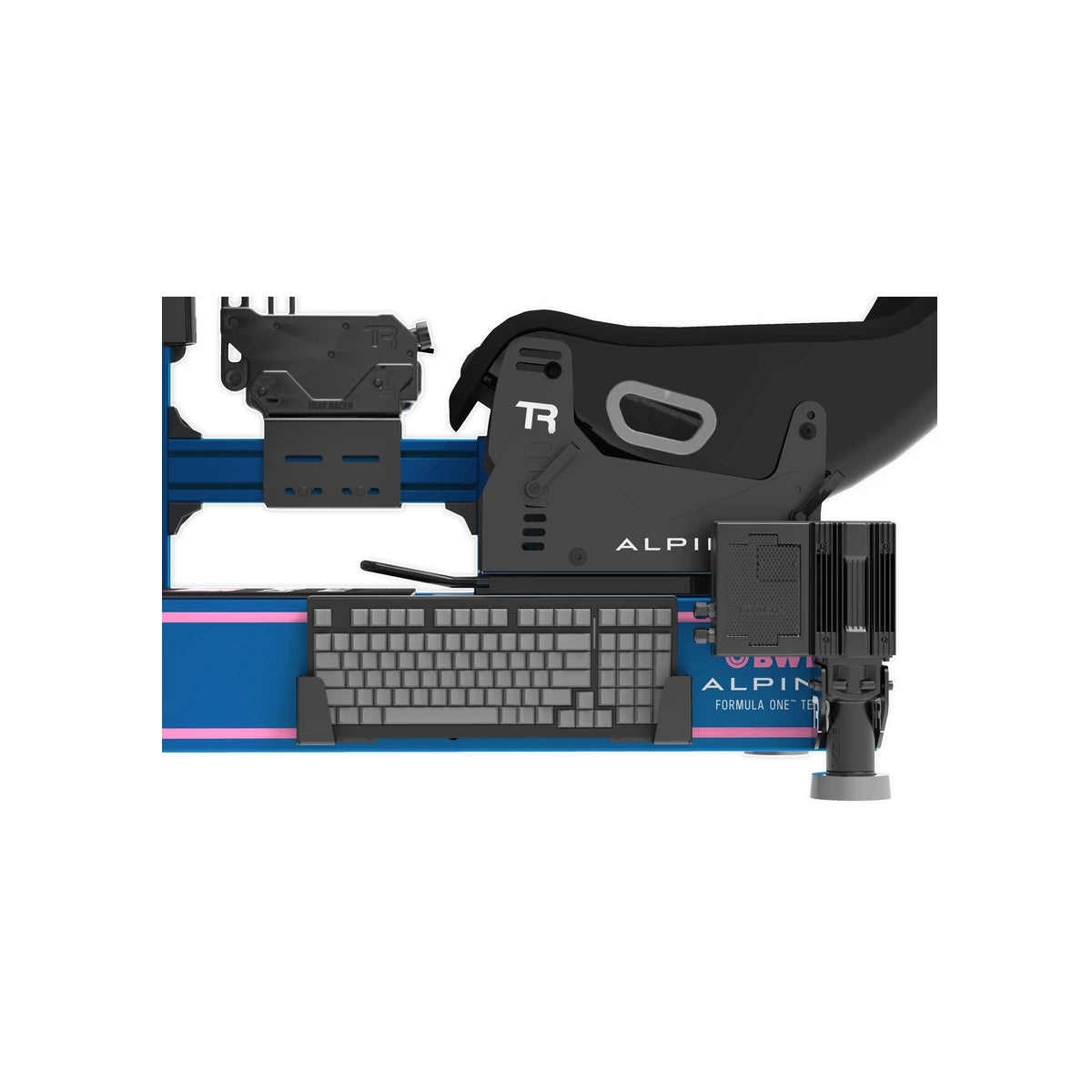 Trak Racer Universal Keyboard Holder shown mounted on an Alpine Racing TRX cockpit rail, keyboard sold separately