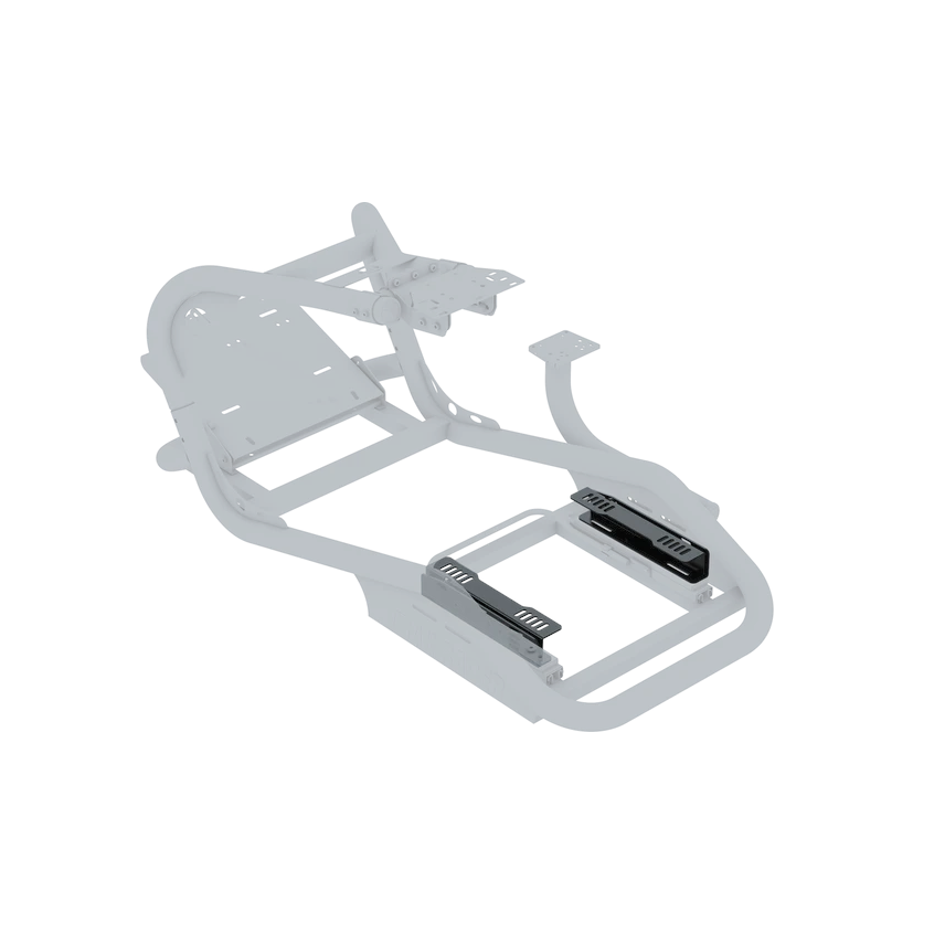 Trak Racer Universal Seat Brackets shown fitted to a ghosted aluminium-profile cockpit frame for reference