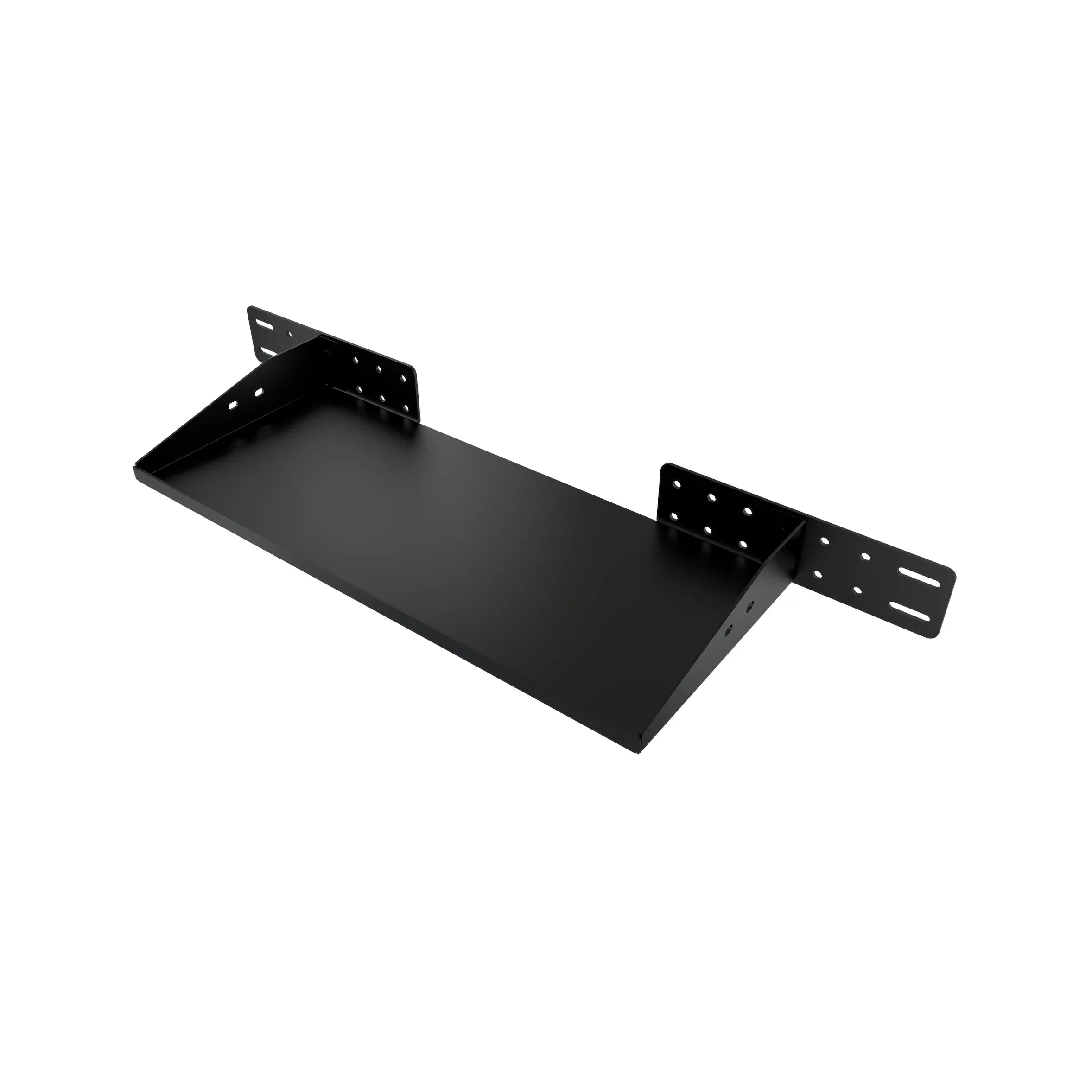 Trak Racer Universal PC or Control Box Shelf, front three-quarter view from the opposite side showing the raised lip edge