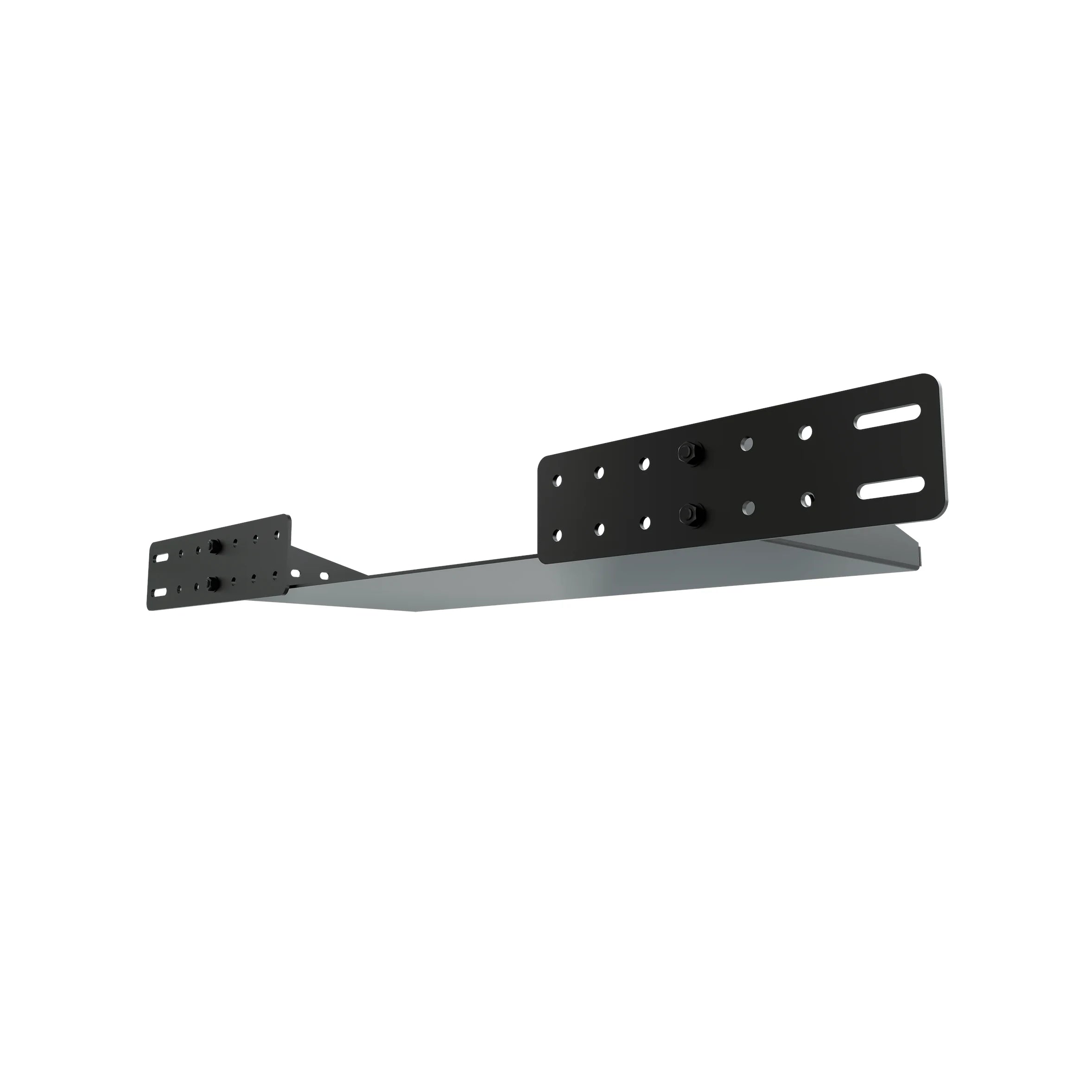 Trak Racer Universal PC or Control Box Shelf, side-on view of the shallow tray and the two profile-mount end plates