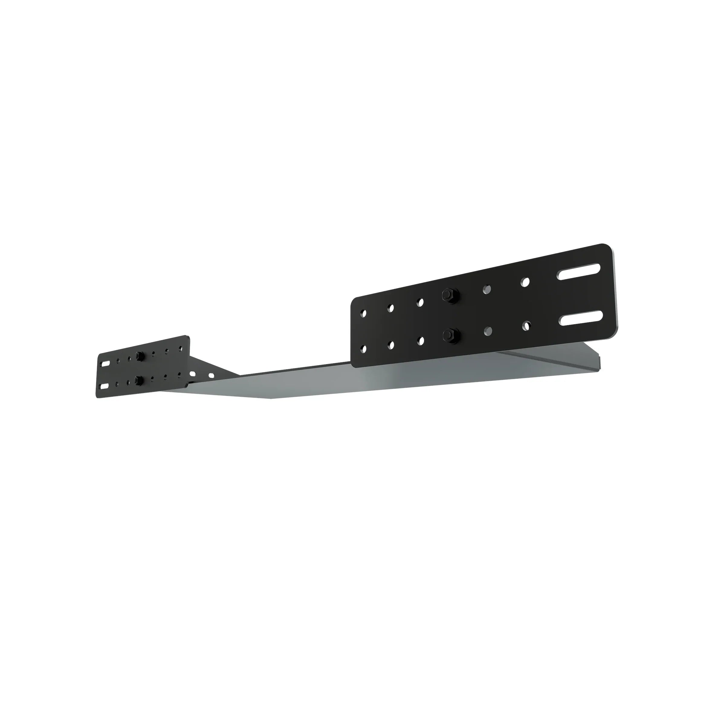 Trak Racer Universal PC or Control Box Shelf, side-on view of the shallow tray and the two profile-mount end plates