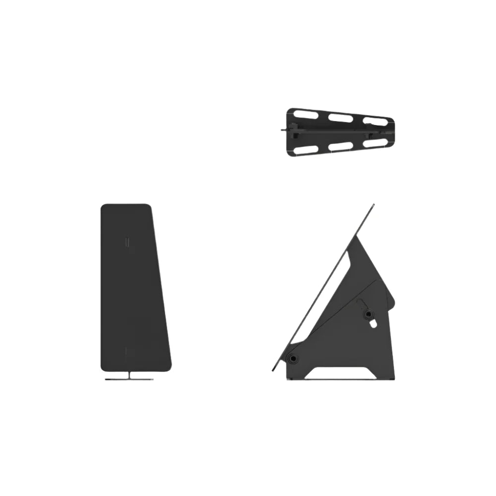 Trak Racer universal footrest technical drawing — side profile, top plate and tilt angle views