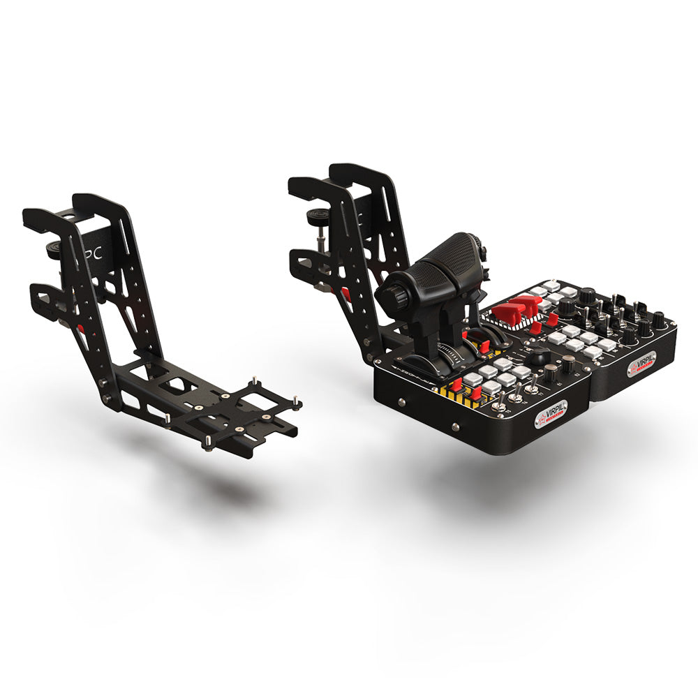 Virpil VPC Desk Mount Adapter Control Panel on a VPC Desk Mount arm, bare on the left and carrying two VPC Control Panels with a throttle on the right.