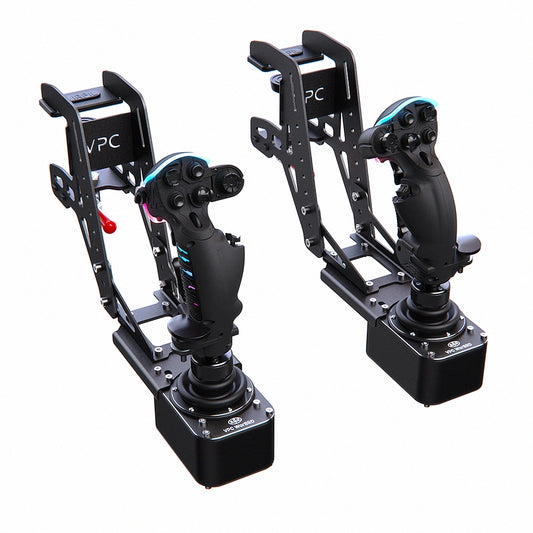 VIRPIL WarBRD-D HOSAS Bundle ALPHA Prime Edition — two WarBRD-D bases on Desk Mount V4-S arms with RGB-lit ALPHA Prime left and right grips