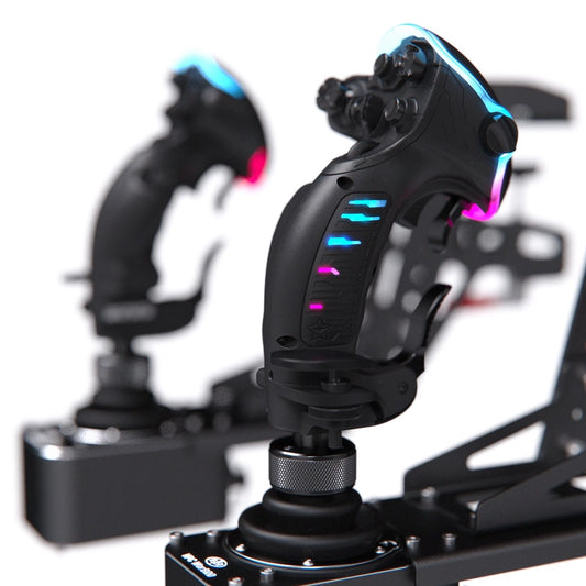 VIRPIL Constellation ALPHA Prime grips close-up — RGB lighting on a dual-stick HOSAS setup mounted to WarBRD-D bases